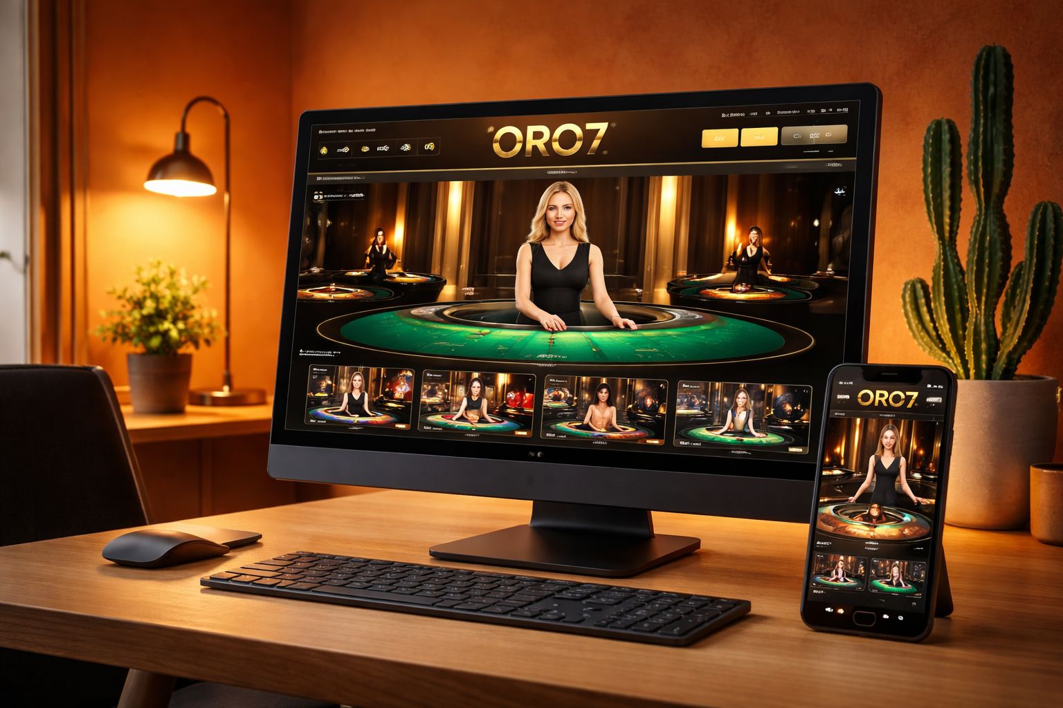 Plataforma de ORO7 Casino mostrando categorías de juegos y opciones de crupier en vivo