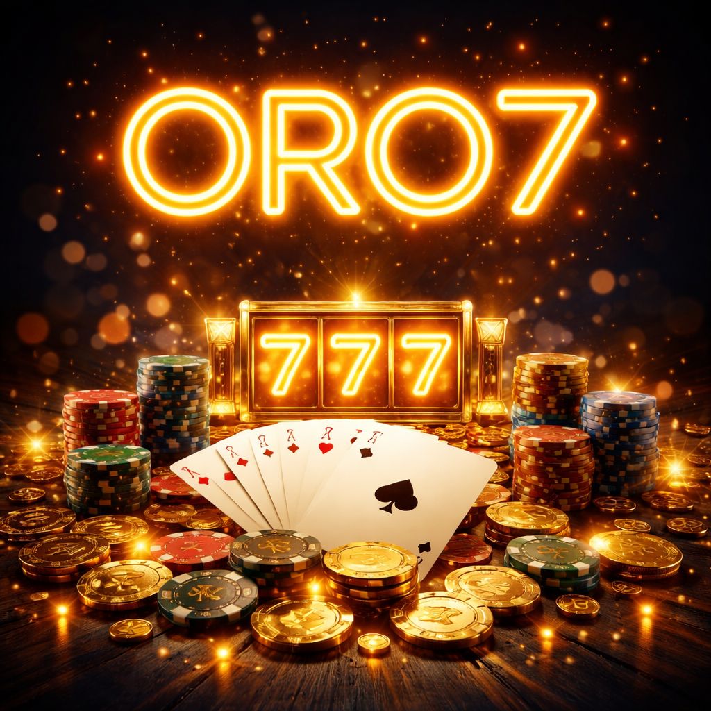 Un radiante logo dorado ORO7 brillando sobre una distribución de fichas de casino, cartas y carretes de tragamonedas luminosos.