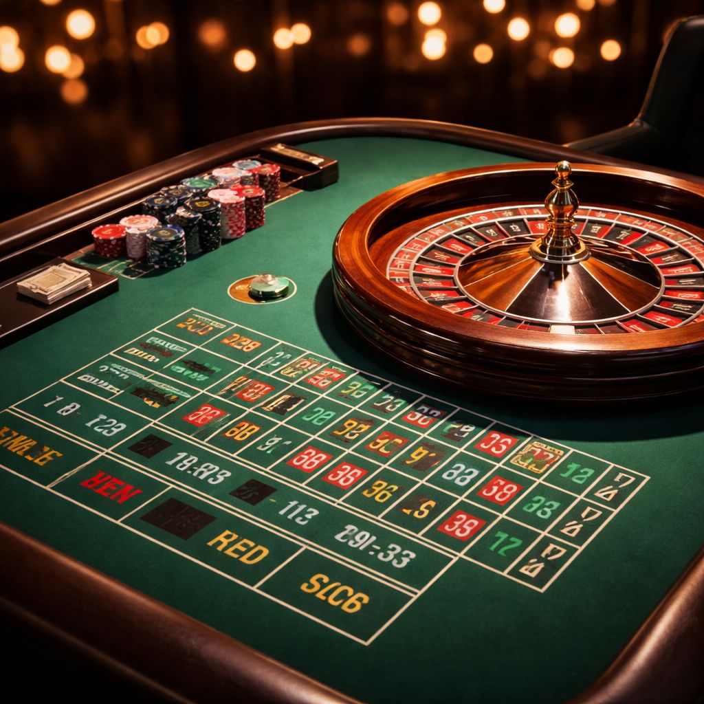Un jugador confiado observando una rueda de ruleta en vivo girar en una pantalla grande con iluminación cálida de estudio al fondo.