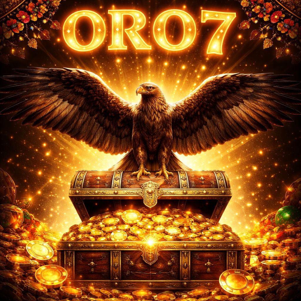 Una majestuosa mascota águila dorada que representa al casino ORO7, posada sobre un cofre del tesoro rebosante de monedas de oro y fichas de casino brillantes.