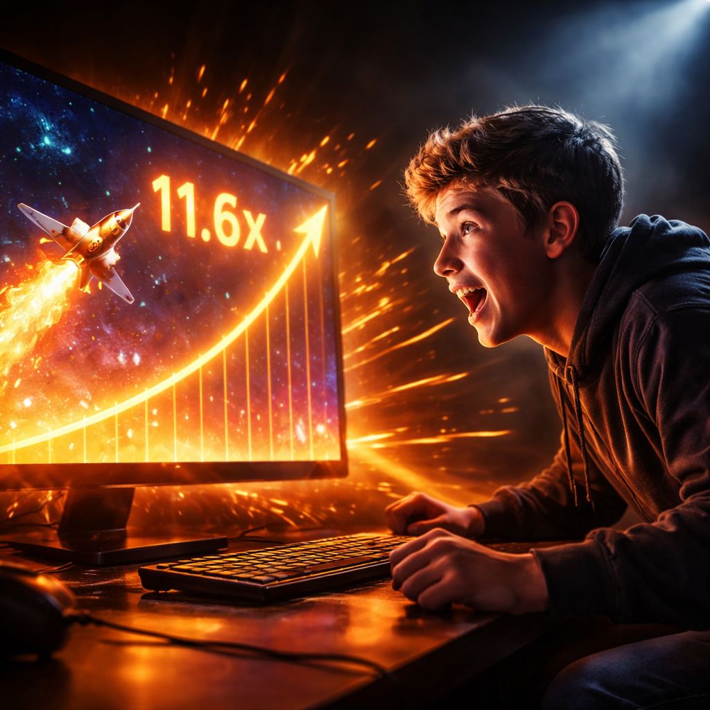 Un jugador emocionado viendo un multiplicador dispararse en el juego crash Aviator en la plataforma de juegos ORO7.