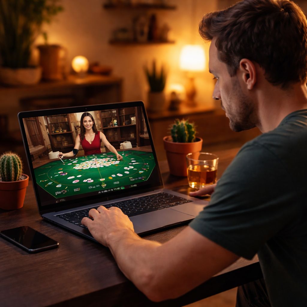 Un jugador concentrado interactuando con un crupier profesional en vivo en una mesa de blackjack en la plataforma de casino en vivo de ORO7.