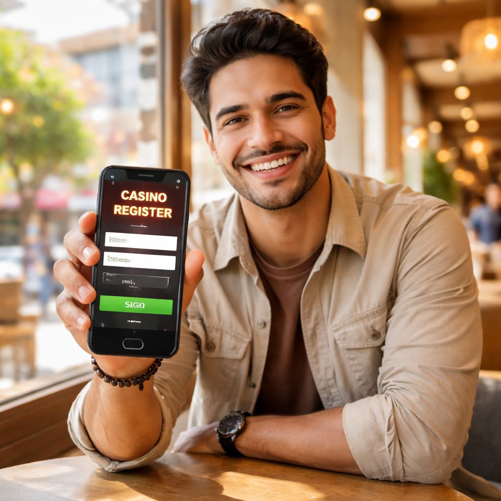Un jugador mexicano feliz creando una cuenta en el casino ORO7 en un smartphone elegante mientras se relaja en un café de la Ciudad de México.